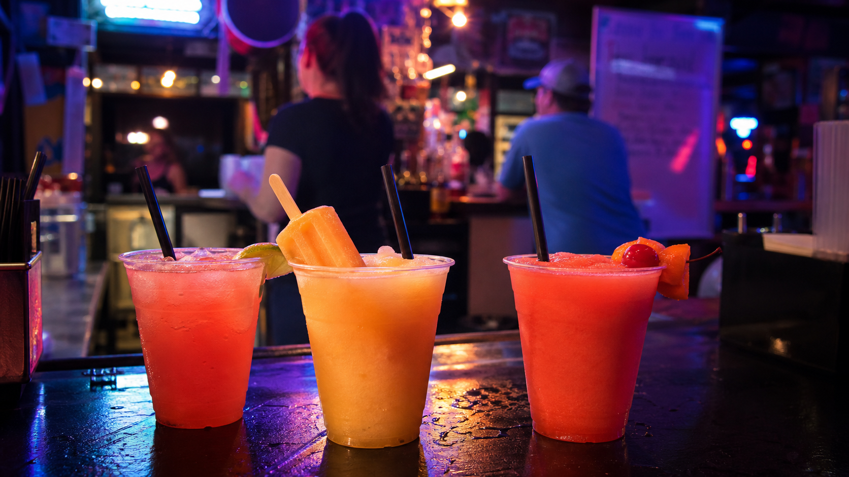 Neon-colored tropical cocktails on a casual dive bar counter
