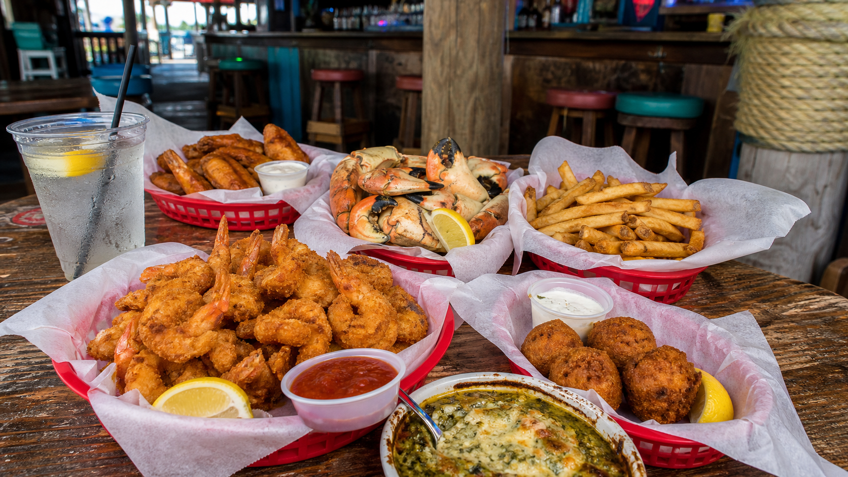 Gulf Coast seafood basket with fried shrimp, crab claws, wings, hush puppies, and creamy dip